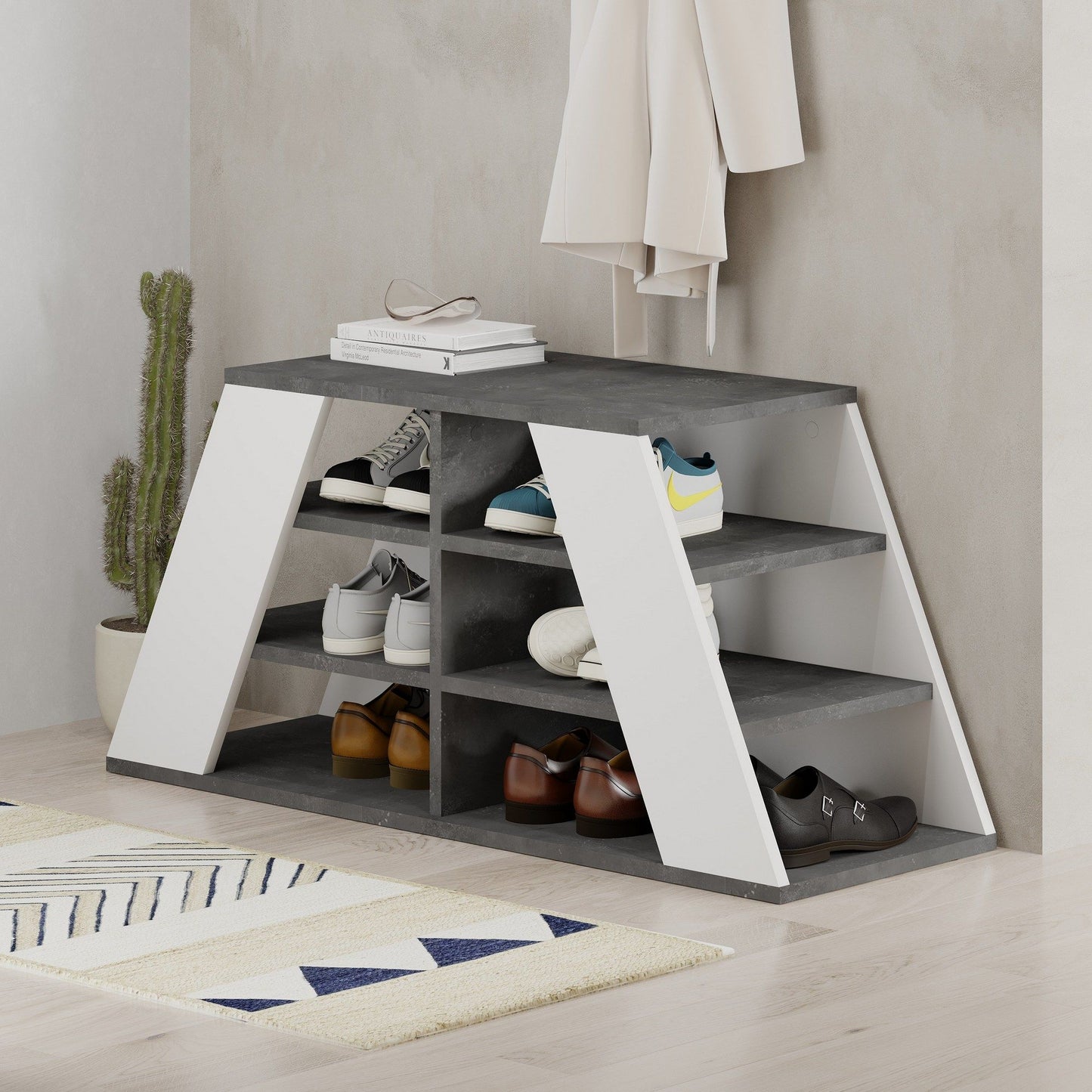 Pyramid Shoe Bench - Grey, White - Shoe Cabinet