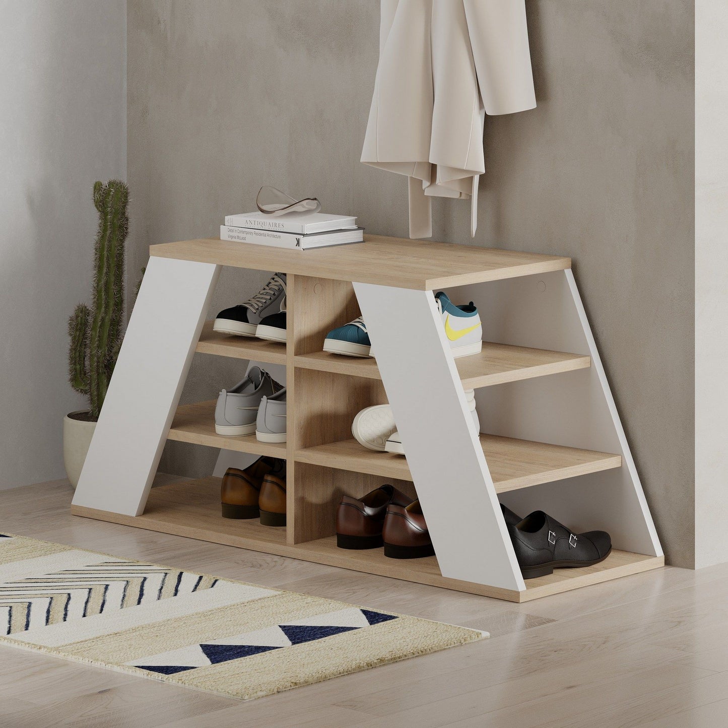 Pyramid Shoe Bench - Oak, White - Shoe Cabinet