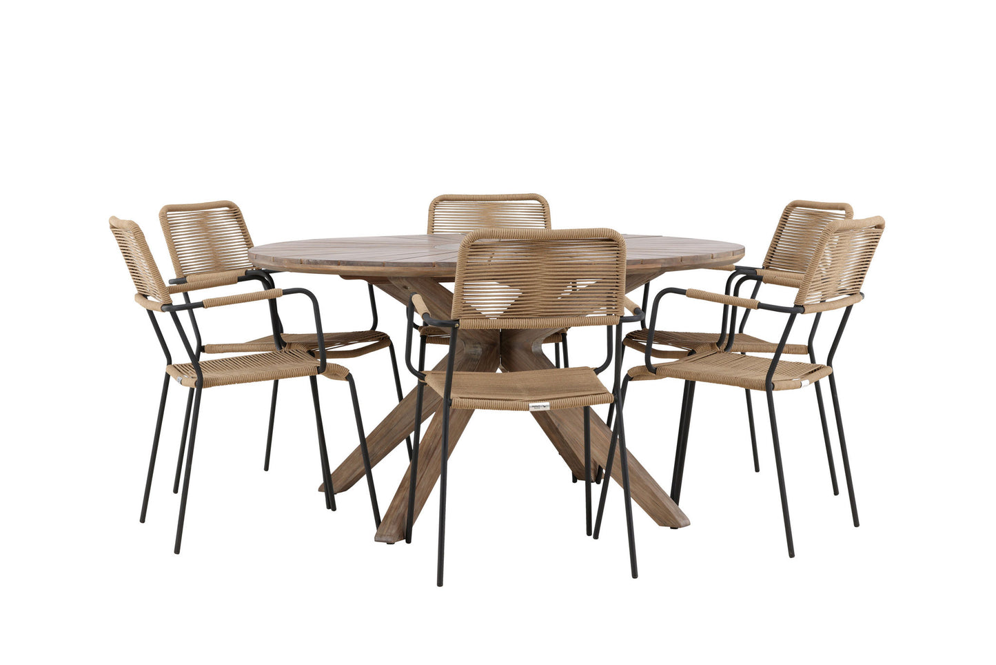 Havemøbler - Rosario Dining Table- Teak Ø140 +Lindos - Armchair - Black Alu / Latte Rope _6