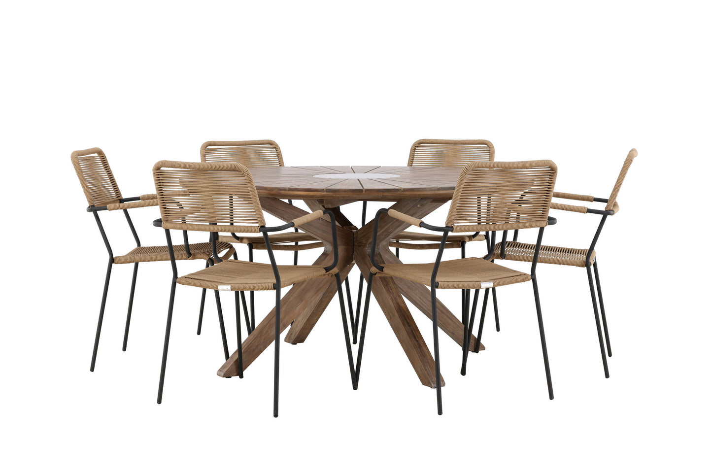 Havemøbler - Rosario Dining Table- Teak Ø140 +Lindos - Armchair - Black Alu / Latte Rope _6