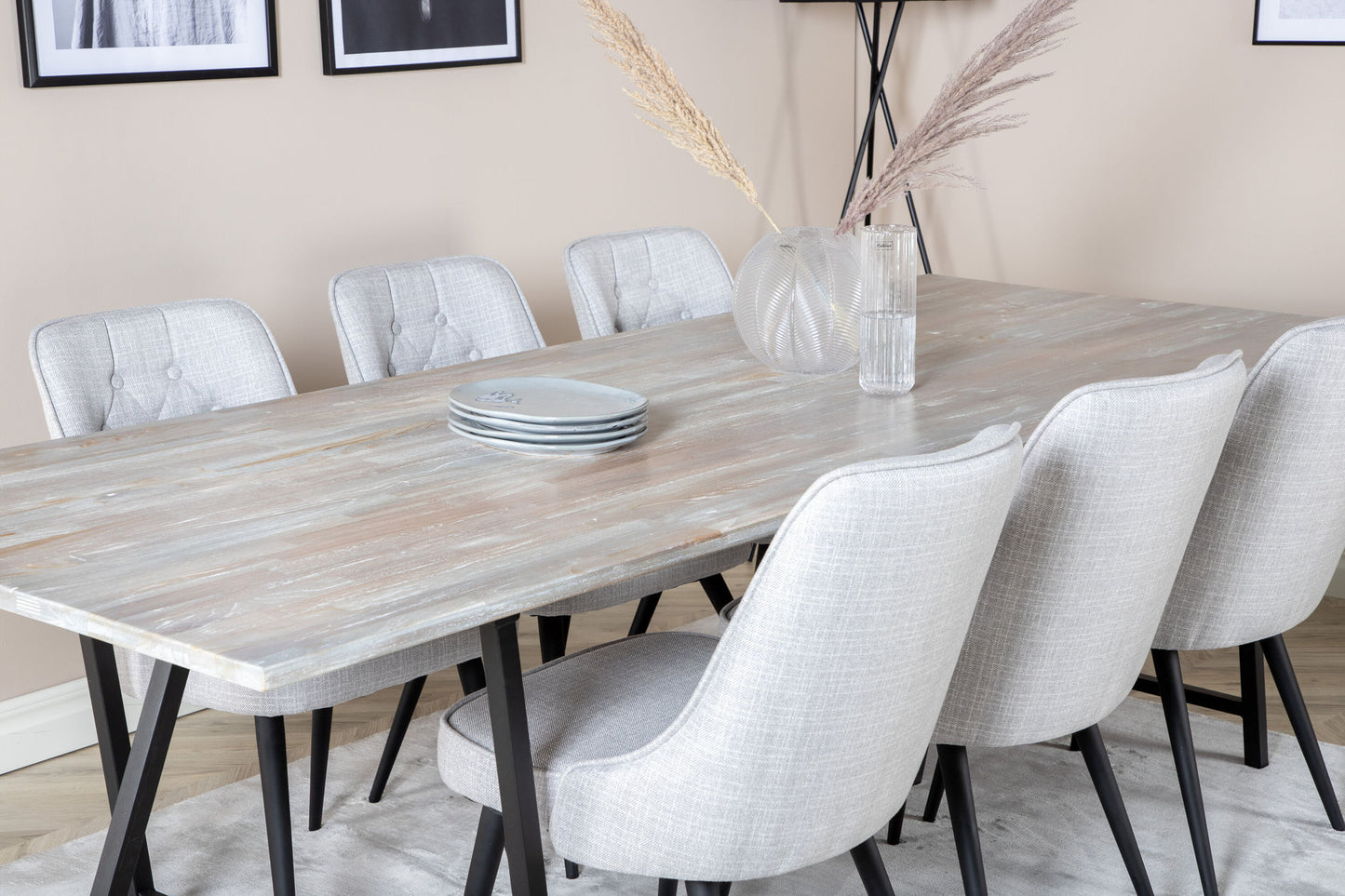 Jepara - Spisebord, 250*100*H76 - Grå /Sort+ velour Deluxe Spisebordsstol - Sorte ben - Lysegråt stof