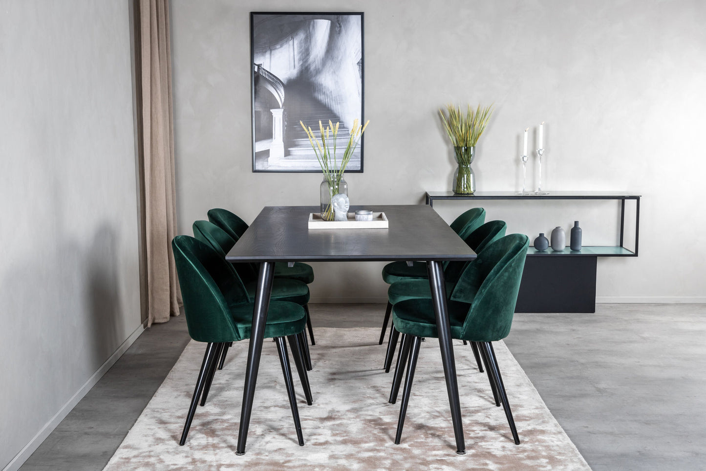 Dipp - Spisebord, 180*90cm - Sort finér / helt sorte ben + velour Spisebordsstol - Grøn / Sort