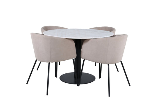 Estelle - Rundt spisebord, ø106 H75 - Hvid / Sort+Berit Stol - Sort / Beige Stof (Polyester lined)