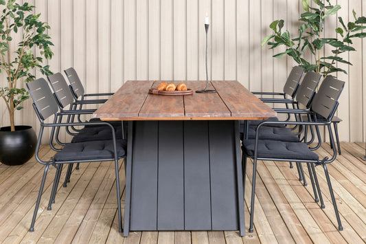 Doory - Spisebord, sort stål / akacie top i teak look - 250*100cm+Nicke stol m. armlæn - Sort Stål