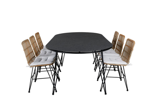 Viga - Spisebord, Sort Stål / Grå Spray glas - 200*100cm+Viga Spisebordsstol - Sort stål / Lys Natur flet / Hvid hynde