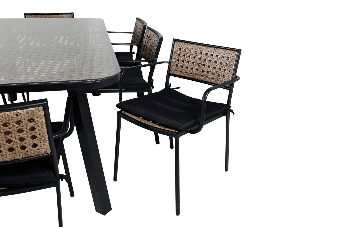 Paola - Spisebord, Sort Stål / Natur flet - 200*100+ Paola Spisebordsstol - Sort Stål / Natur flet / Sort hynde