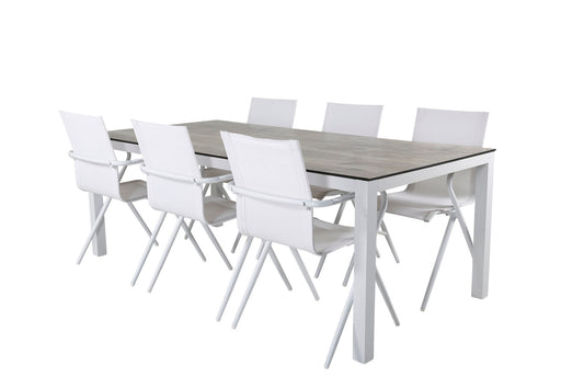 Llama - Spisebord, 205*100 - Hvid Alu / Grå HPL+Alia Spisebordsstol - Hvid Alu / Hvid Tekstil
