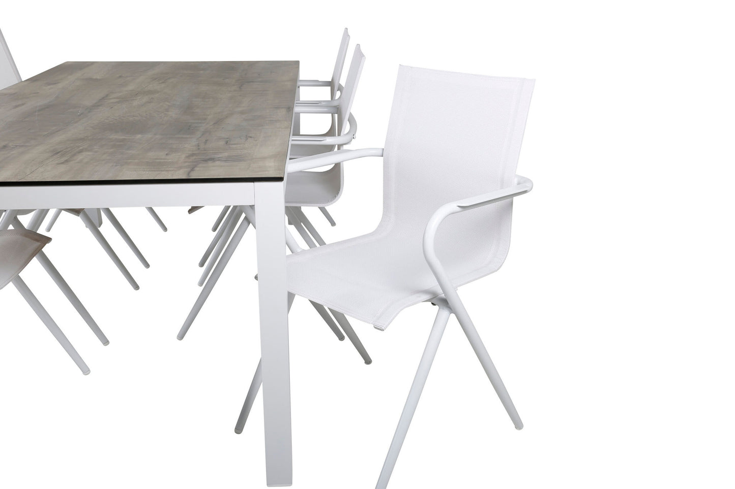 Llama - Spisebord, 205*100 - Hvid Alu / Grå HPL+Alia Spisebordsstol - Hvid Alu / Hvid Tekstil