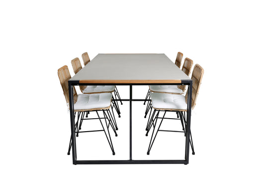 Texas - Spisebord, 200*100 - Sort Alu / Teak / Grå Spray stone+Viga Spisebordsstol - Sort stål / Lys Natur flet / Hvid hynde