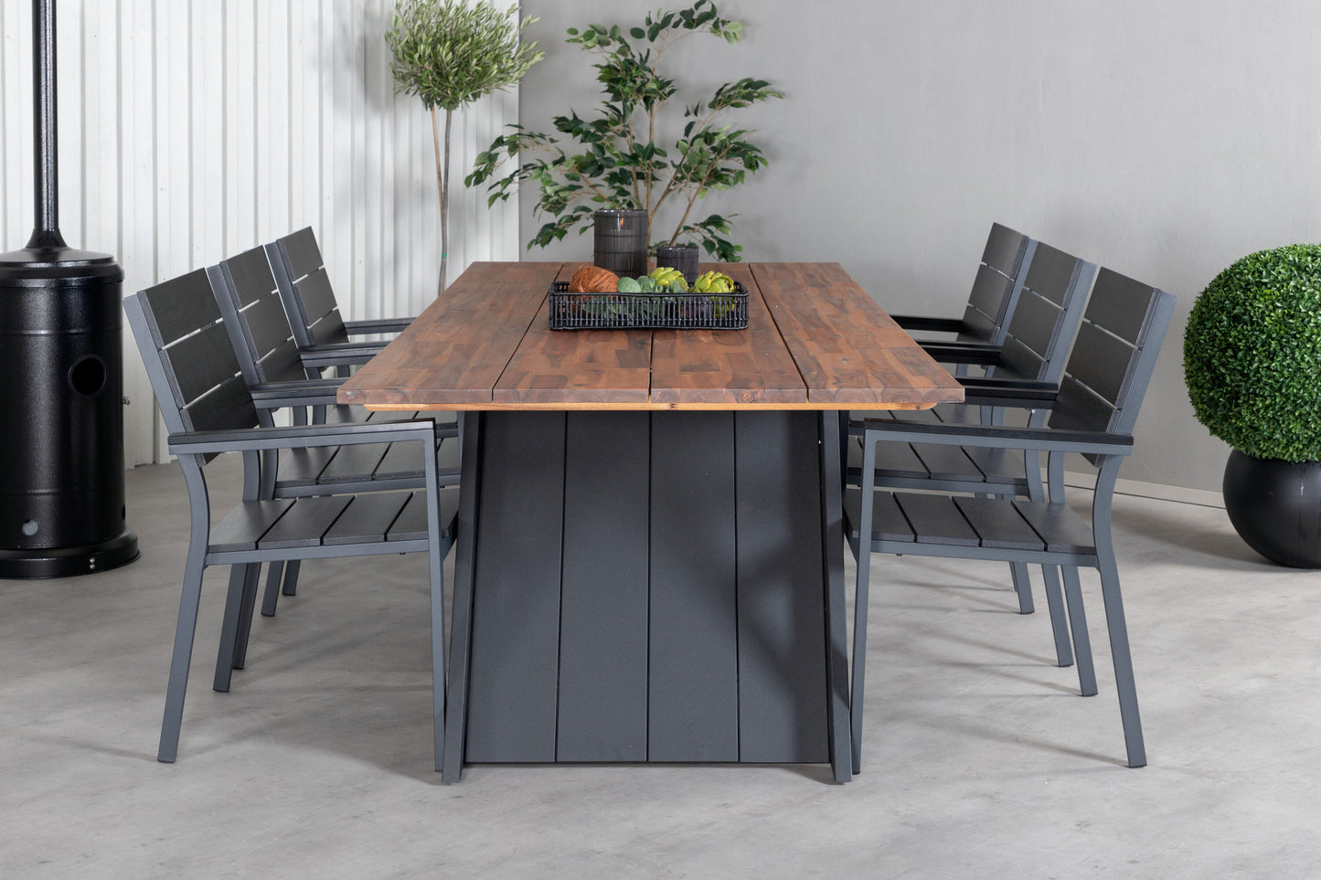 Doory - Spisebord, sort stål / akacie top i teak look - 250*100cm+Levels Stol (stabelbar) - Sort Alu / Sort Nonwood