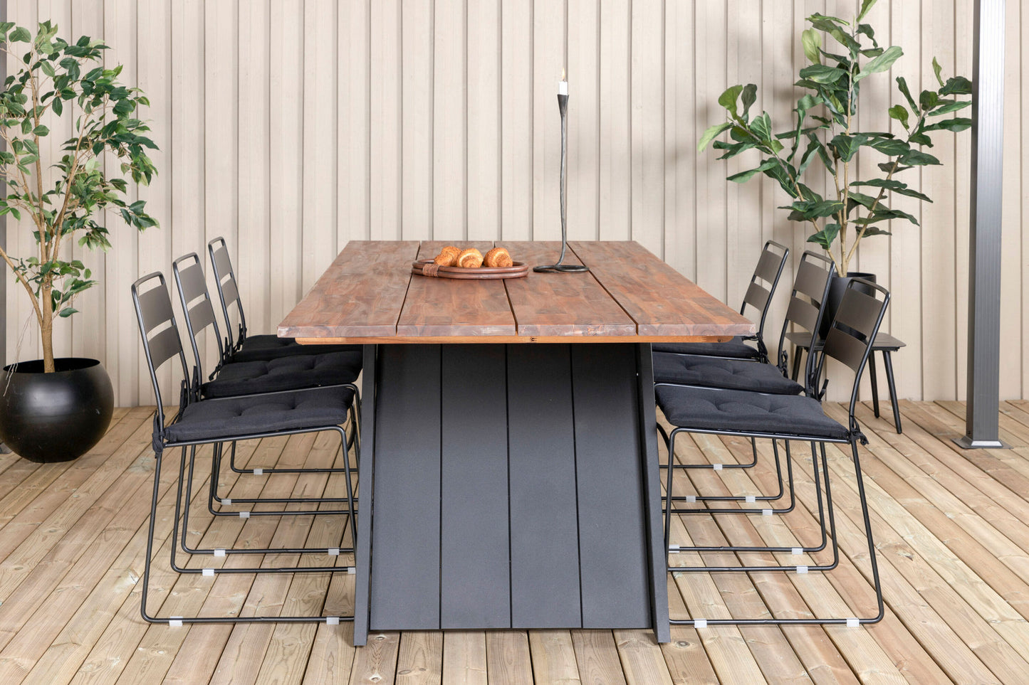 Doory - Spisebord, sort stål / akacie top i teak look - 250*100cm+Lia Spisebordsstol - Sort