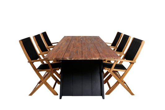 Doory - Spisebord, sort stål / akacie top i teak look - 250*100cm+ Peter foldbar stol - rope / akacia