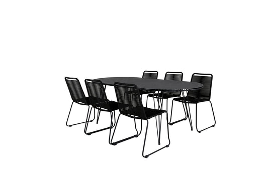 Viga - Spisebord, Sort Stål / Grå Spray glas - 200*100cm+Lidos Stabelbar stol - Sort Alu / Sort Reb