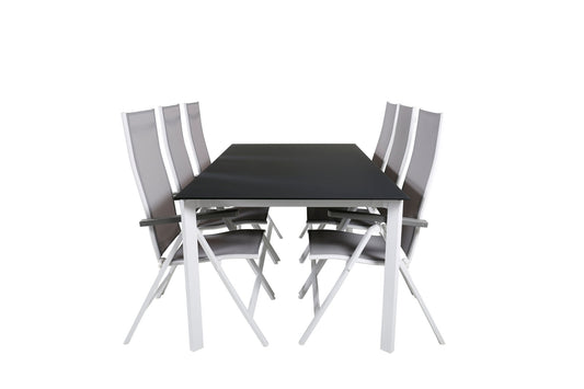 Santorini - Spisebord, 200*100 hvid alu / grå glas+Albany Lys 5-pos Hvid alu / Grå Tekstil