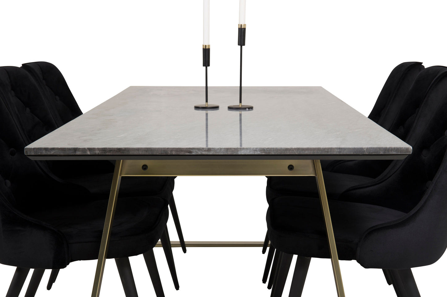Estelle - Spisebord, 200*90 Grå Marmor / Mat Messing ben - velour Deluxe Spisebordsstol - Sorte ben / Sort velour