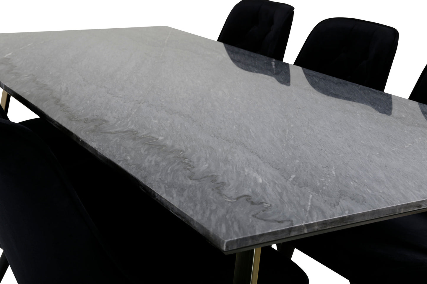 Estelle - Spisebord, 200*90 Grå Marmor / Mat Messing ben - velour Deluxe Spisebordsstol - Sorte ben / Sort velour