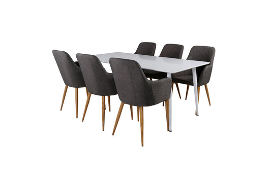 Polar Spisebord 180 cm - Hvid top / Hvide ben+Comfort Spisebordsstol - Mørk