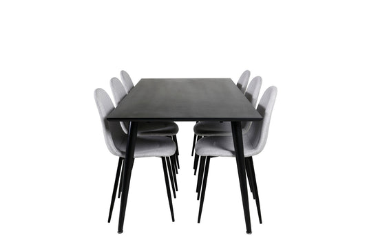 Dipp - Spisebord, 180*90cm - Sort finér / helt sorte ben - Polar Spisebordsstol - Sorte ben - Lysegråt stof