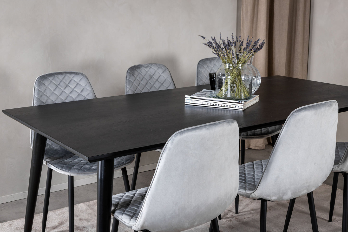 Dipp - Spisebord, 180*90cm - Sort finér / helt sorte ben - Polar Diamond Spisebordsstol - Sorte ben - Grå velour