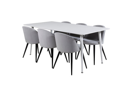Polar Spisebord 180 cm - Hvid top / Hvide ben+ velour Spisebordsstol Corduroy - Lysegrå / Sort