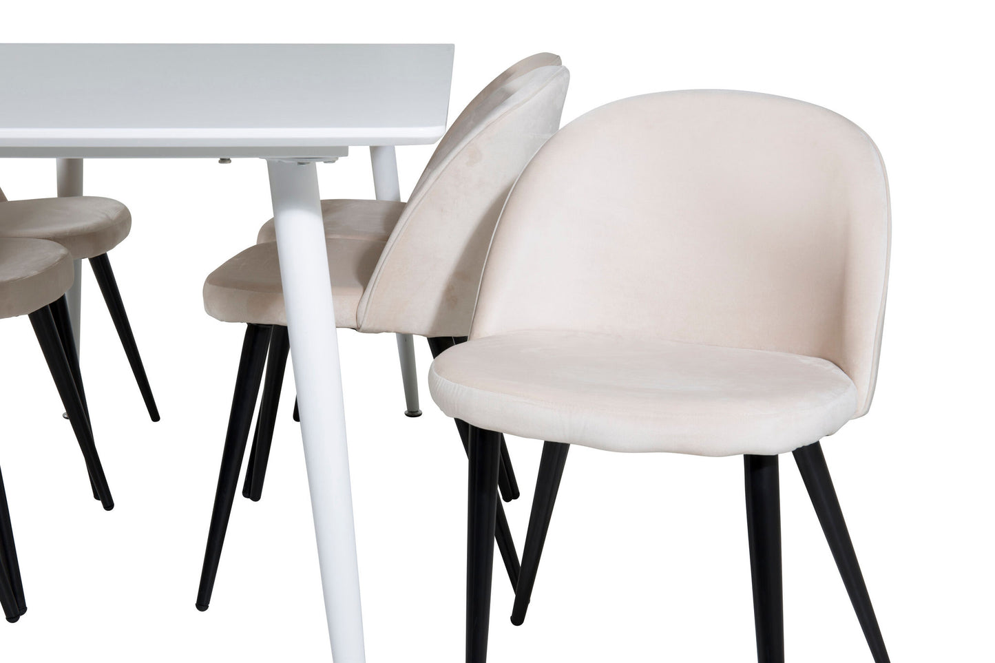 Polar Spisebord 180 cm - Hvid top / Hvide ben+ velour Spisebordsstol - Beige / Sort