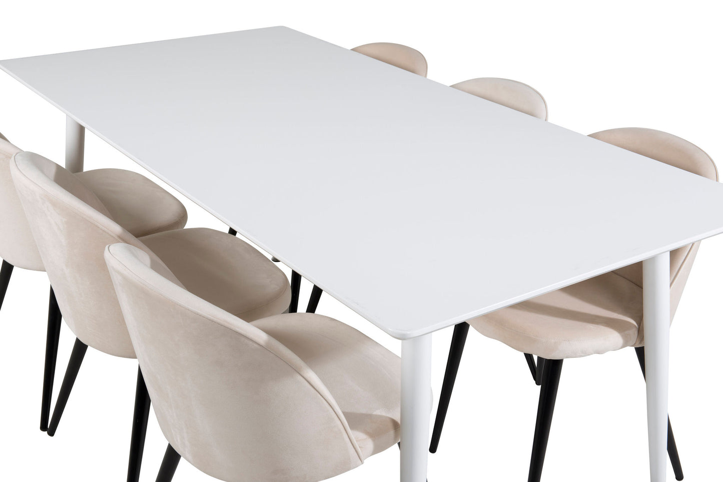 Polar Spisebord 180 cm - Hvid top / Hvide ben+ velour Spisebordsstol - Beige / Sort