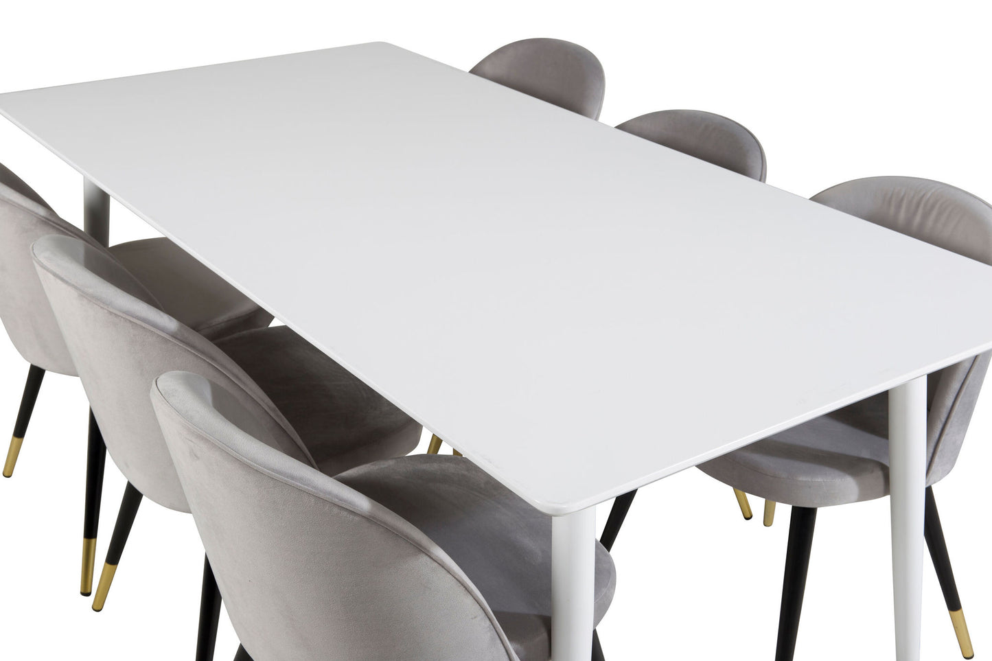 Polar Spisebord 180 cm - Hvid top / Hvide ben+ velour Spisebordsstol Messing - Lysegrå / Sort
