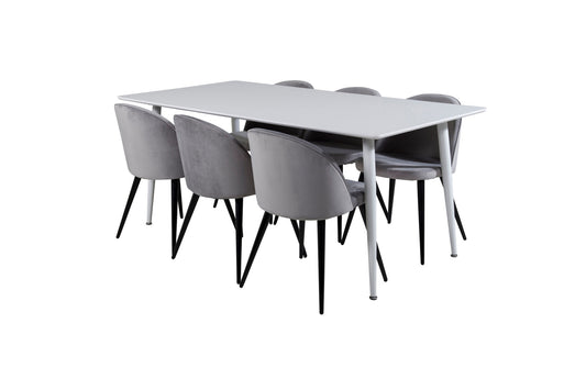 Polar Spisebord 180 cm - Hvid top / Hvide ben+ velour Spisebordsstol - Lysegrå / Sort