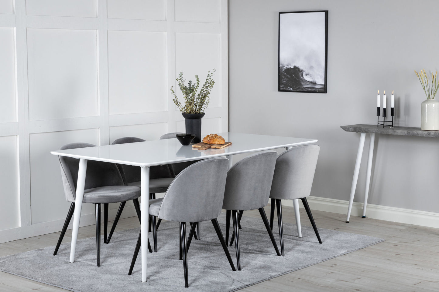 Polar Spisebord 180 cm - Hvid top / Hvide ben+ velour Spisebordsstol - Lysegrå / Sort