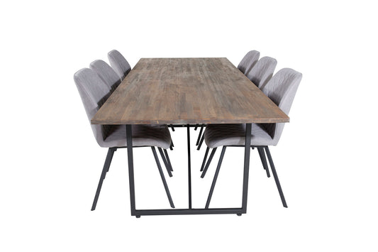 Padang - Spisebord, 250*100*H76 - Mørk Teak / Sort+Gemma Spisebordsstol - Sorte ben - Gråt stof