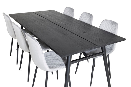 Sleek - Bord med forlængelse Sort Børstet - 195*95+ Polar Diamond Spisebordsstol - Sorte ben - Grå velour