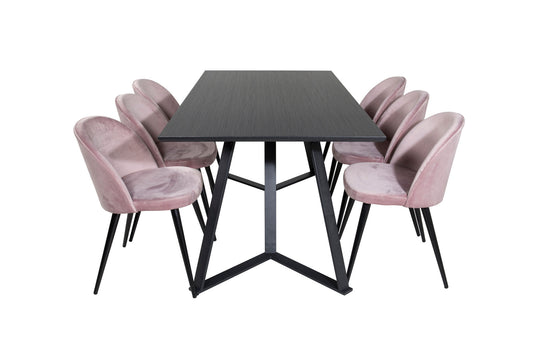 Maria - Spisebord, Sort top / Sorte ben + velour Spisebordsstol - Pink / Sort