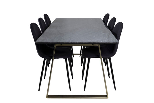 Estelle - Spisebord, 200*90*H76 - Grå / Messing+ Polar Spisebordsstol - Sorte ben - Sort Stof