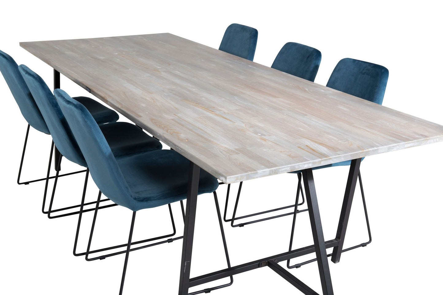 Jepara - Spisebord, 250*100*H76 - Grå /Sort+ Muce Spisebordsstol - Sorte ben - Blå velour