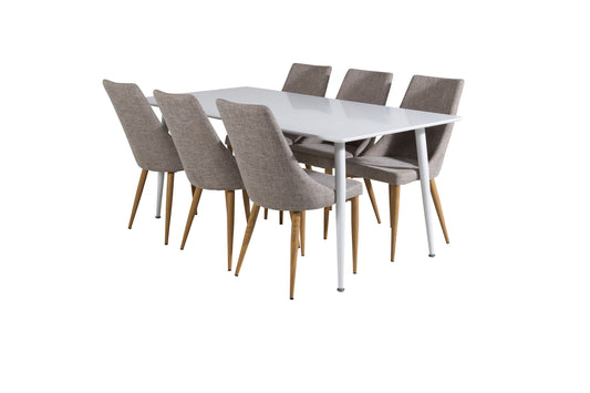 Polar Spisebord 180 cm - Hvid top / Hvide ben+Leone Spisebordsstol - Lysegrå / Eg