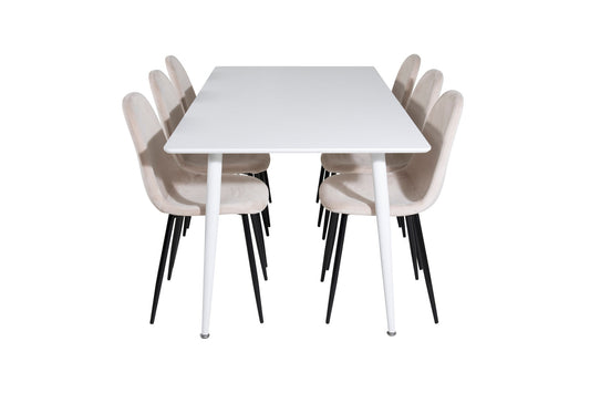 Polar Spisebord 180 cm - Hvid top / Hvide ben+ Polar Spisebordsstol - Sorte ben / Beige velour (ersätter 19902-880)
