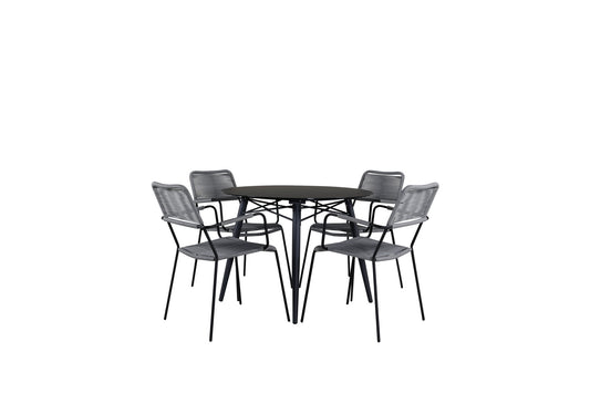 Santorini Spisebord ø 100 - sort alu / grå glas+Lidos Stol m. armlæn - Sort Alu / Grå Reb