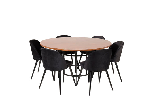 Copenhagen - Spisebord, rund - Brun / Sort+ velour Spisebordsstol - Sort Sammet