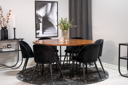 Copenhagen - Spisebord, rund - Brun / Sort+ velour Spisebordsstol - Sort Sammet