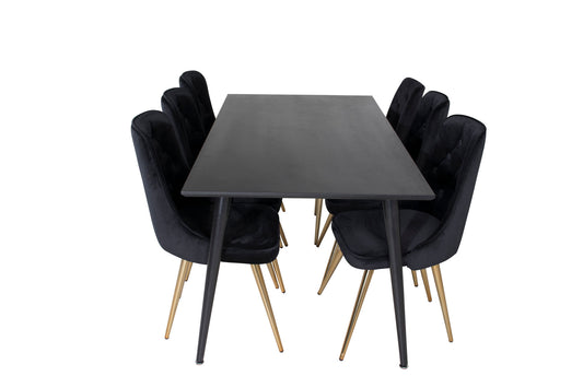 Dipp - Spisebord, 180*90cm - Sort finér / helt sorte ben + velour Deluxe Spisebordsstol - Sort / Messing
