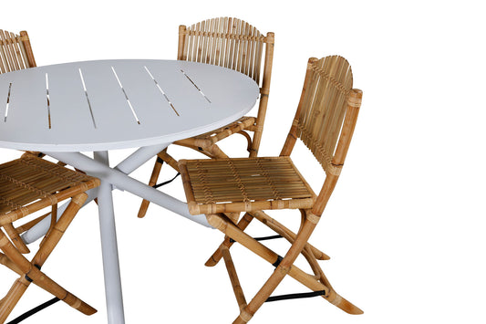 Alma - Spisebord, Hvid Alu - ø120cm+Cane Foldbar - Spisebordsstol, - Bambus / Grå hynde