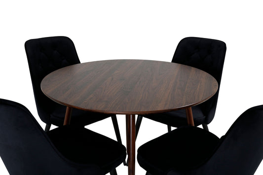 Plaza Rundt bord 100 cm - Valnød top - Valnød ben+ velour Deluxe Spisebordsstol