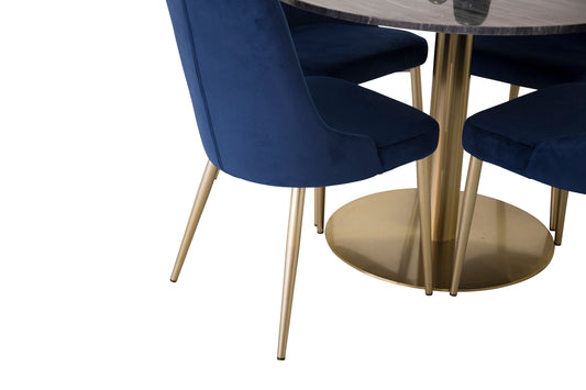 Estelle - Spisebord, rund 106cm Grå Marmor / Messing - velour Deluxe Stol - Blå/Mat Messing Leg 4