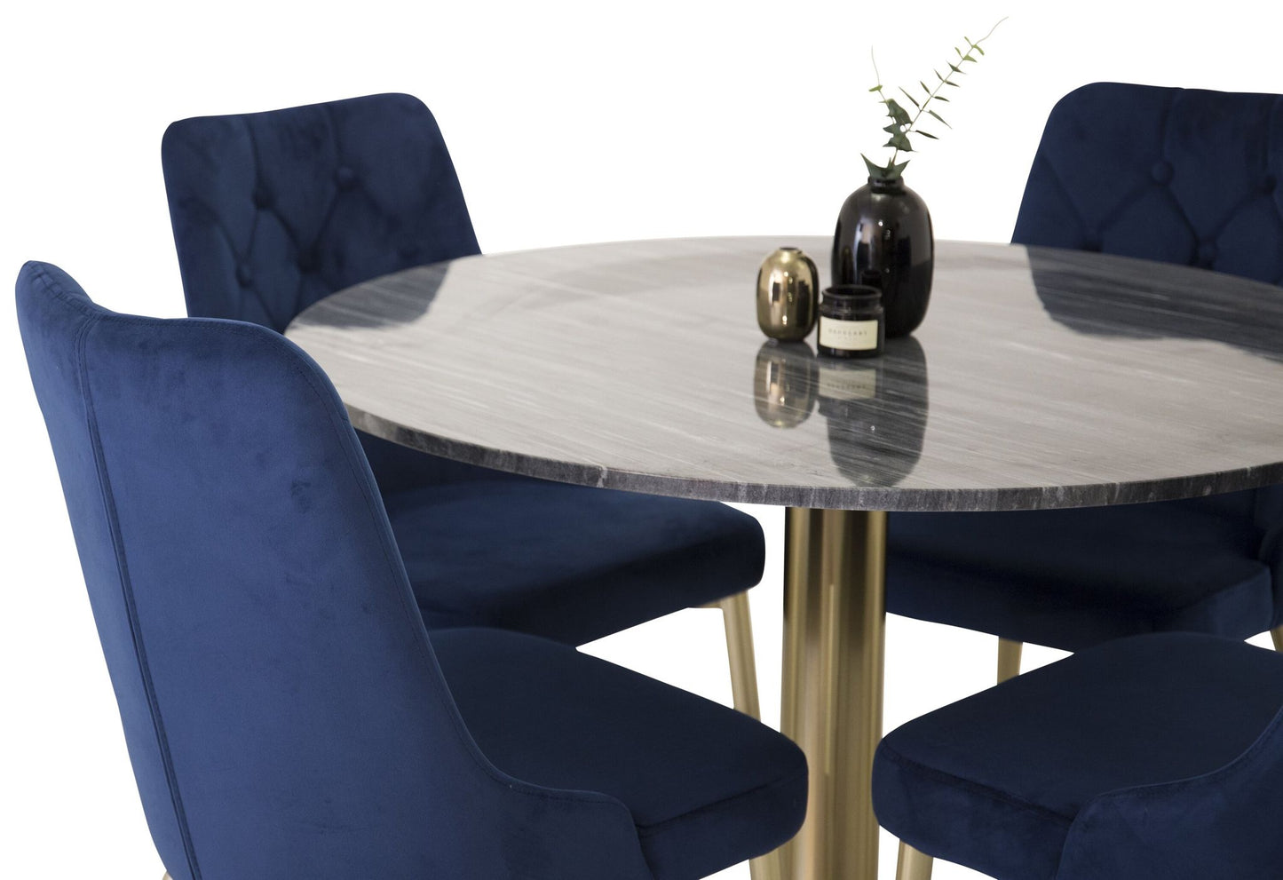 Estelle - Spisebord, rund 106cm Grå Marmor / Messing - velour Deluxe Stol - Blå/Mat Messing Leg 4