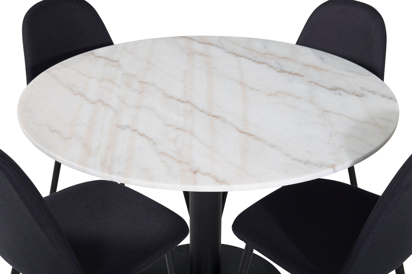Estelle - Spisebord, rund 106cm Hvid marble / Sorte ben - Polar Spisebordsstol - Sorte ben - Sort Stof 4