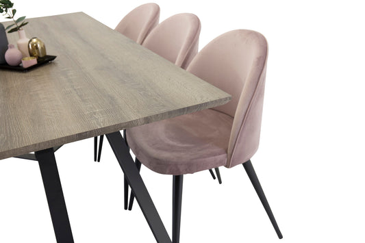 Maria Spisebord - Grå træ / sort (1) + velour Stol - Dusty Pink (6)