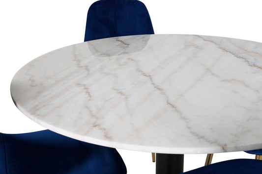 Estelle - Spisebord, rund 106cm Hvid marble / Sorte ben - Polar Stol - Blå velour / Mat messing ben 4