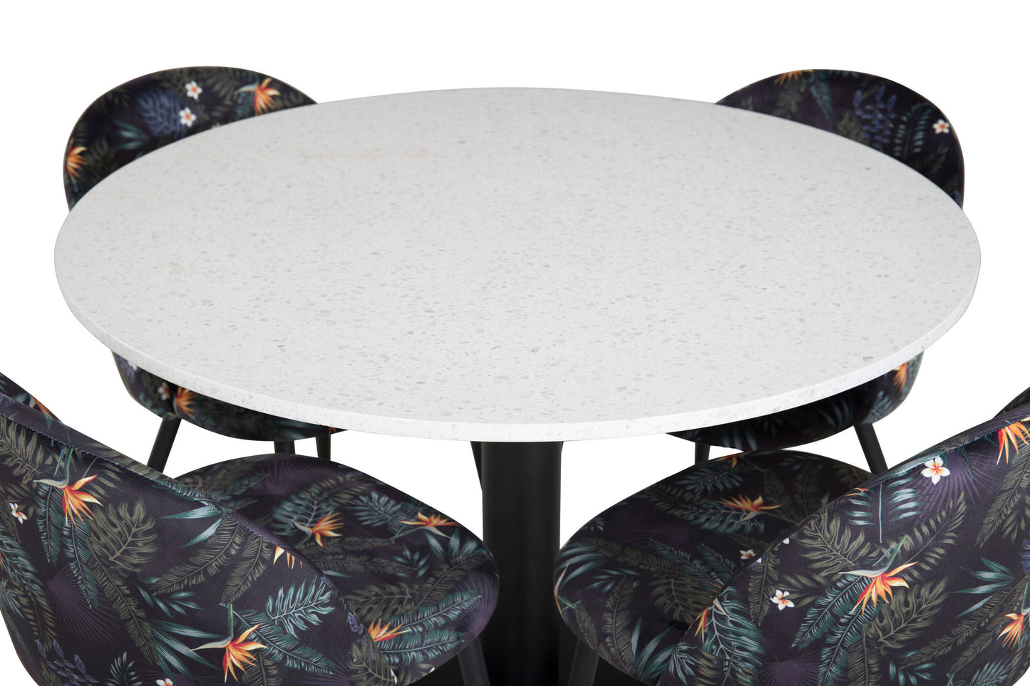 Razzia - Spisebord, ø106cm - Hvid / Sort+ velour Spisebordsstol - Sort blomster