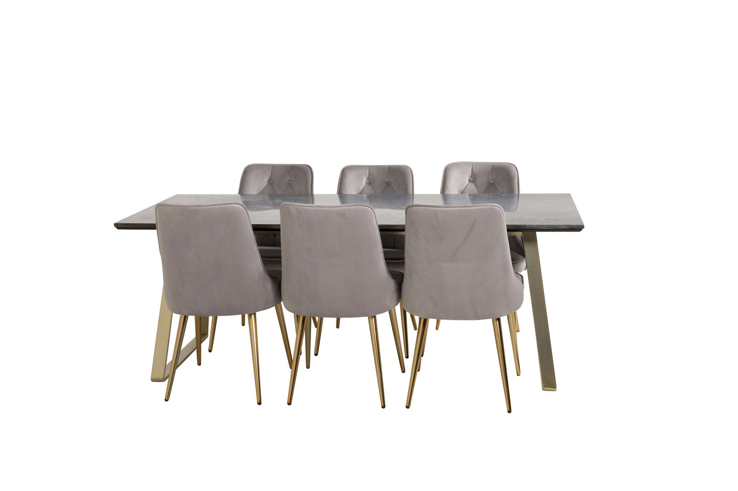 Estelle - Spisebord, 200*90 Grå Marmor / Mat Messing ben - velour Deluxe Spisebordsstol - Ben af børstet messig / Lysegrå velour