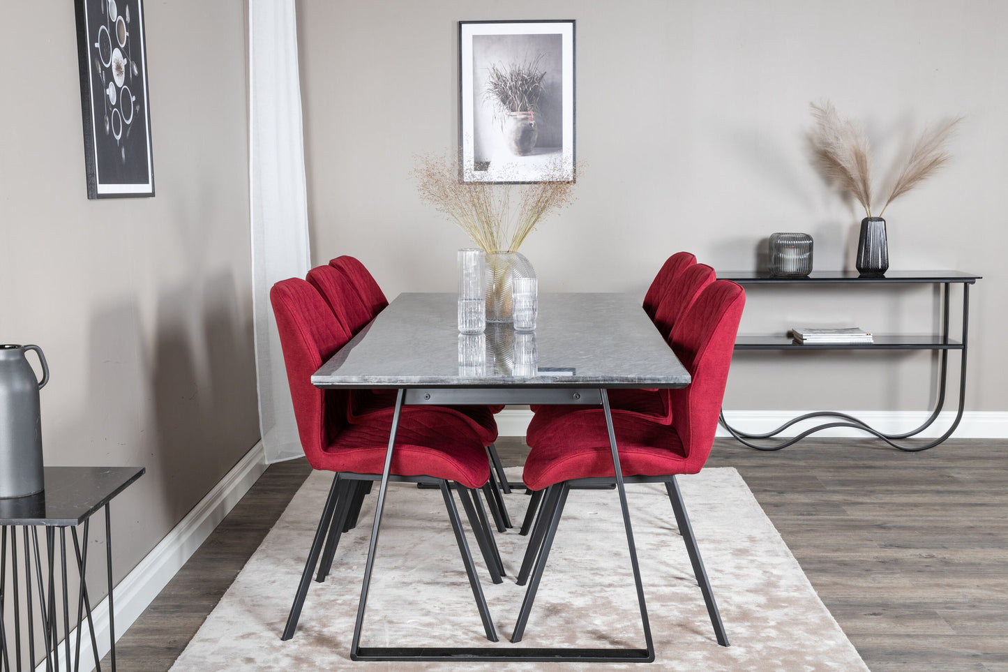 Estelle - Spisebord, 200*90*H76 - Sort+Gemma Spisebordsstol - Sorte ben - Rødt stof
